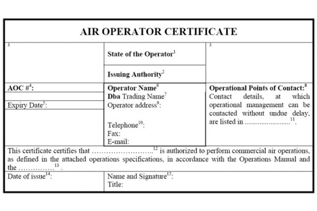 Blank copy of Air Operator Certificate