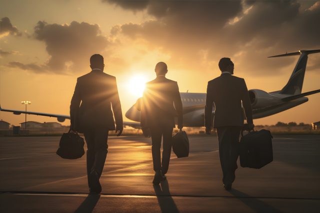 Three executives walking to private jet